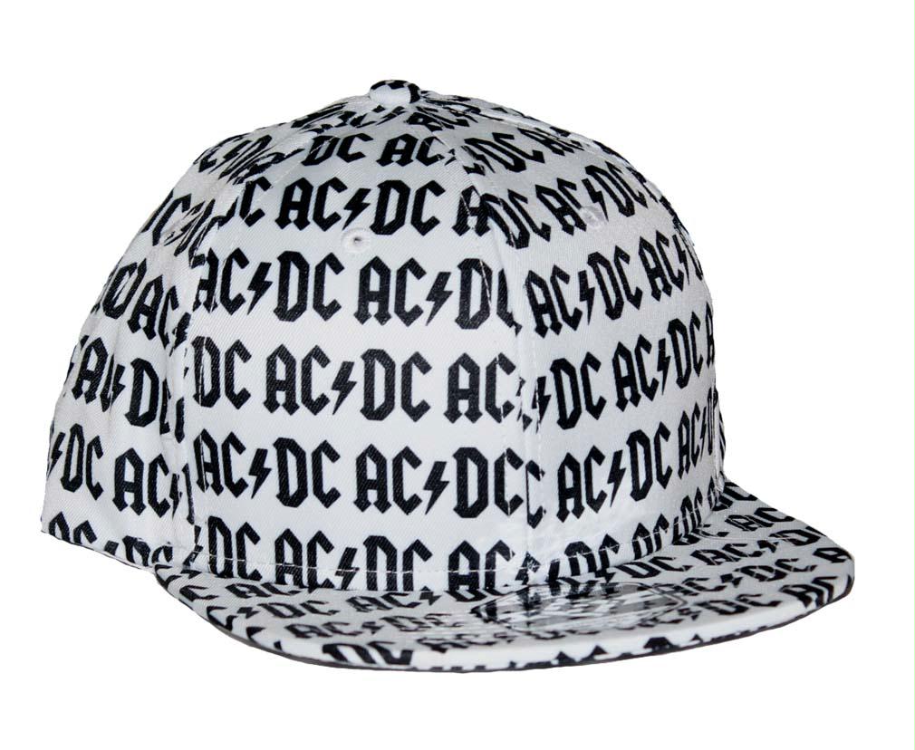 AC-DC All Over Logo Flat Bill Snapback Hat - White